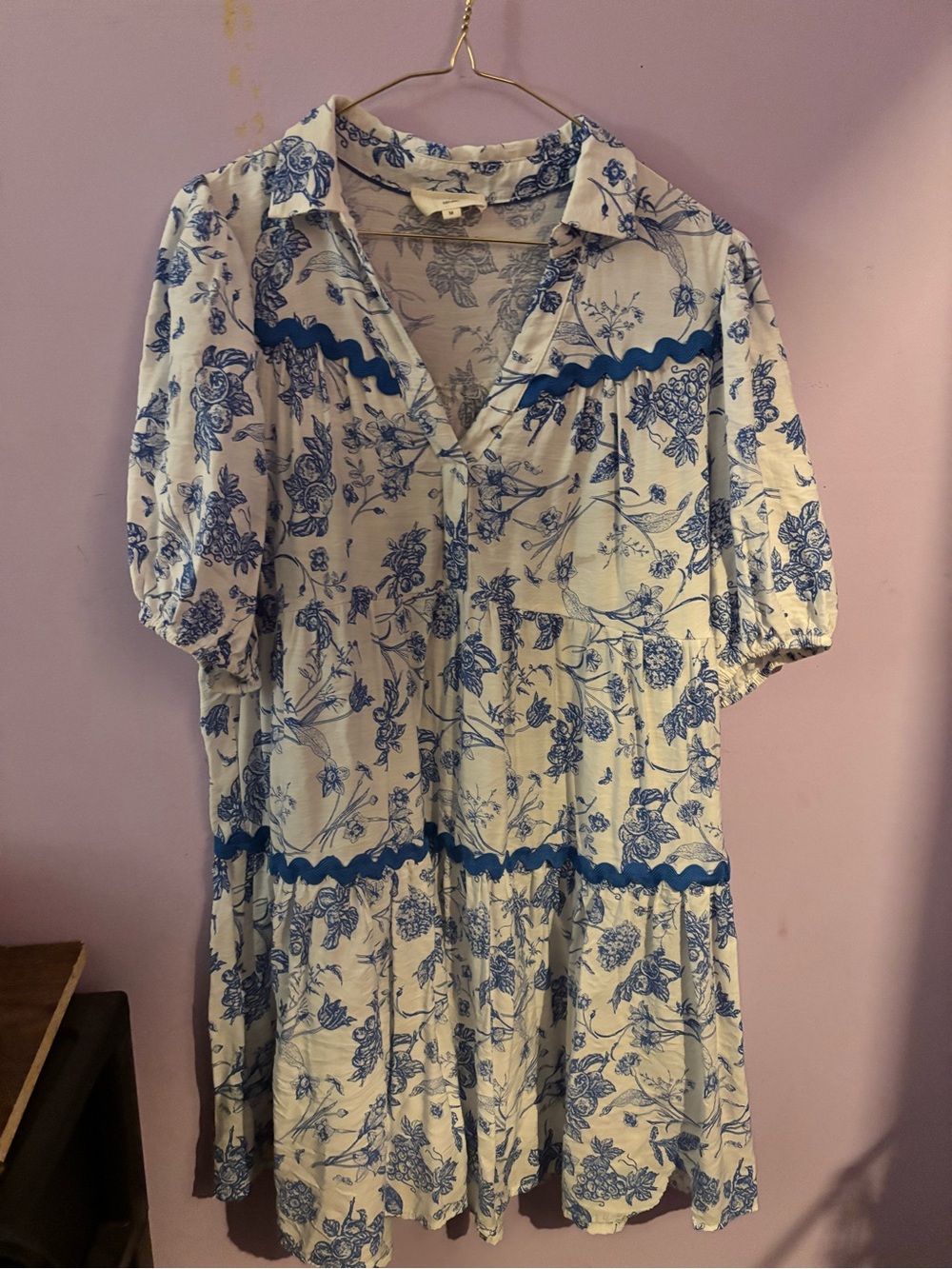 Cream and Blue Floral Tiered V-Neck Women’s Dress